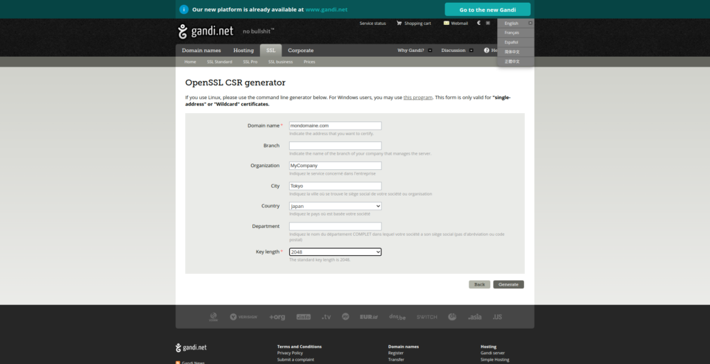 gandi generateur csr ssl
